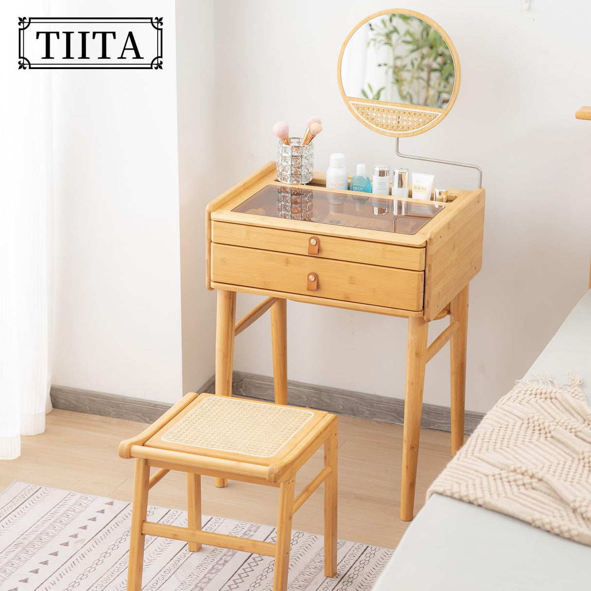 Tiita Vanity Desk, Makeup Vanity Table with Mirror, Dressing Table with 2 Drawers,Modern Wood Bedroom Vanity Vintage Dressing Table for Women Girls Tiita