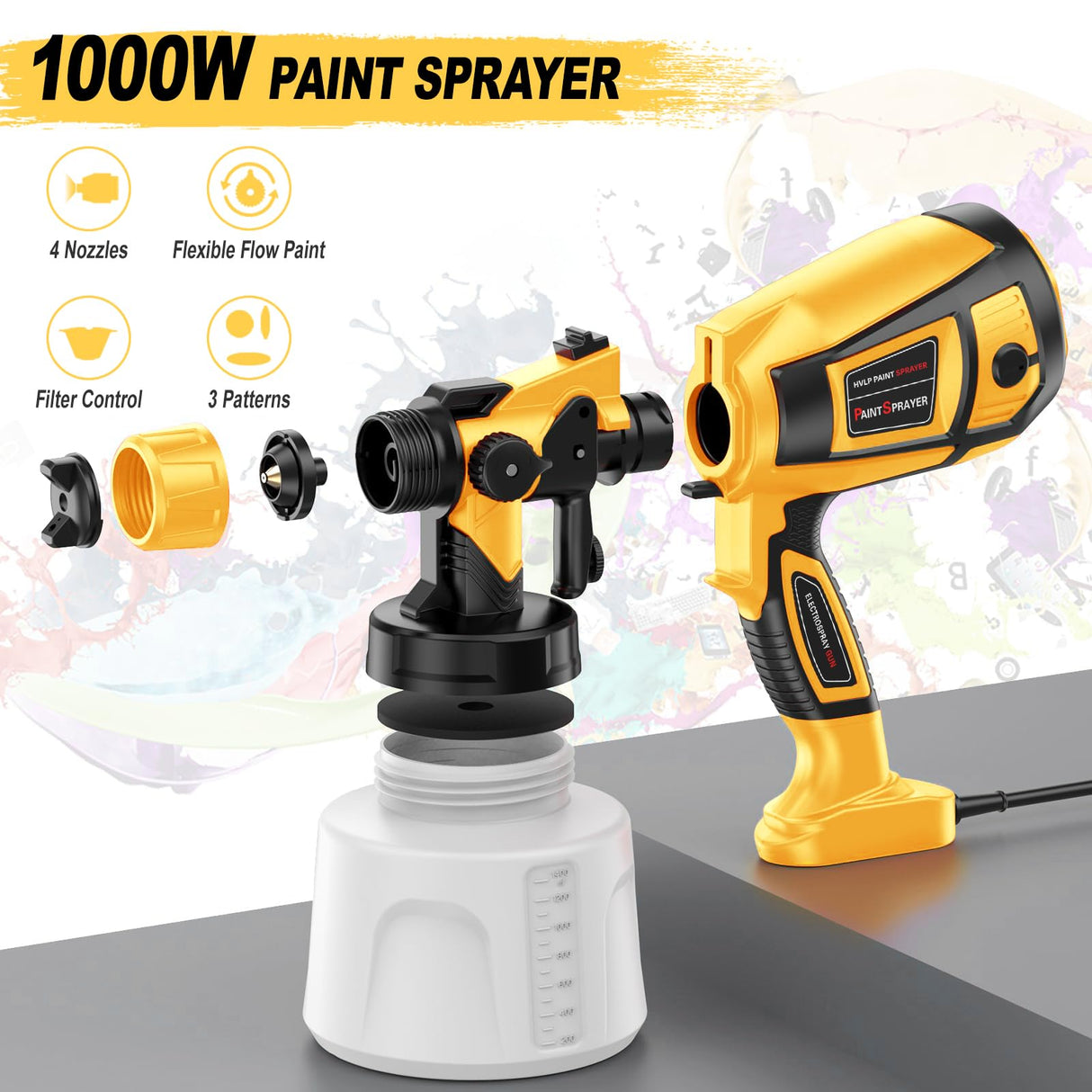 Paint-Sprayer-1000W-HVLP-High-Power-Electric-Spray-Paint-Gun 1400ml High Capacity Container 4 Nozzles and 3 Patterns Easy to Clean for Furniture Xavax