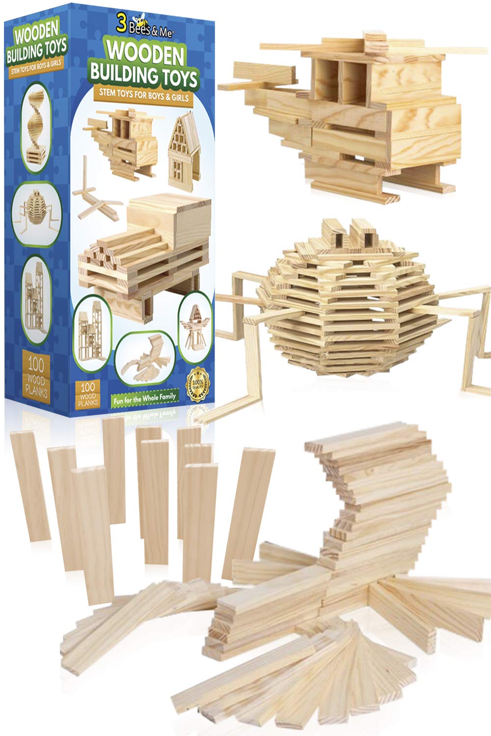 3 Bees & Me Wooden Building Toys - STEM Toys for Boys and Girls - 100 Wood Plank Pieces 3 Bees & Me
