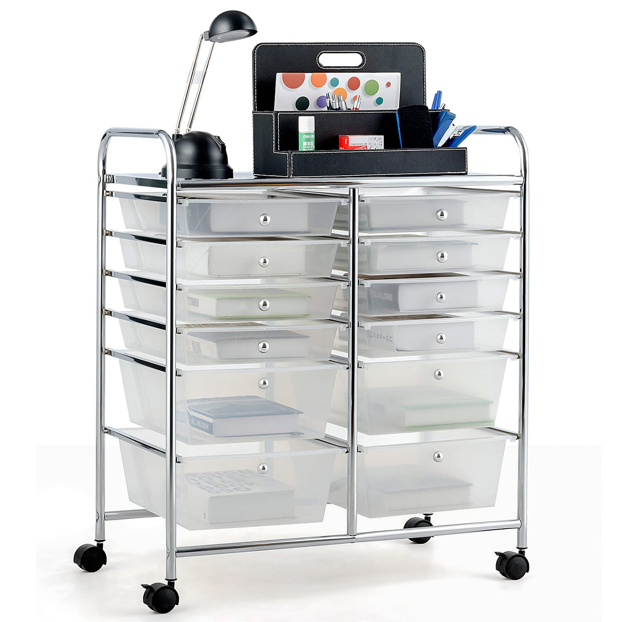 COSTWAY 12-Drawer Rolling Storage Cart, Moveable Art Craft Organizer W/Lockable Wheels, Metal Shelf, Files Arrangement Tools Makeup Storage Cart for COSTWAY