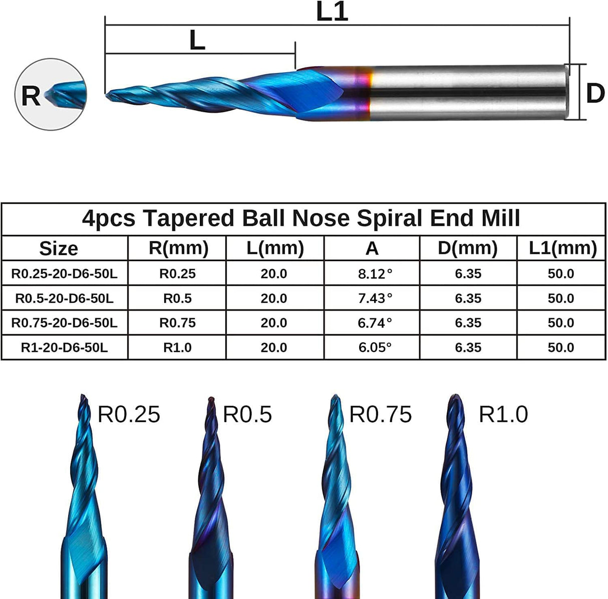 Genmitsu 4pcs 2-Flute Tapered Ball Nose Spiral End Mill, Nano Blue Coating Tungsten Carbide CNC Router Bits, 2D And 3D Engraving Carving Woodworking Genmitsu