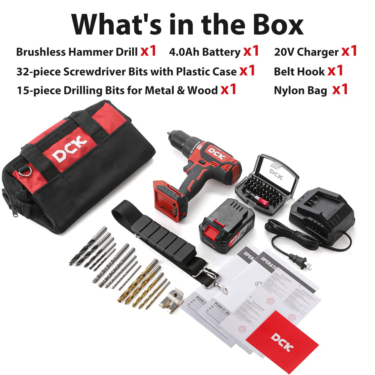 DCK Brushless Hammer Drill, 20V Max Hammer Drill Cordless, 531In-lb,36000 BPM,1/2" All-Metal Chuck, Variable Speeds, 22+1+1 Torque Setting, 4.0Ah DCK