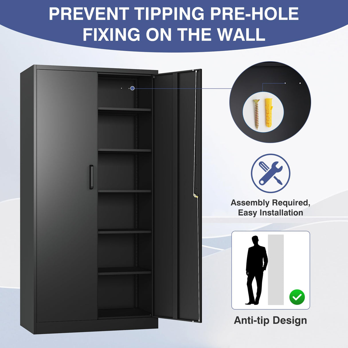 LISSIMO Metal Garage Storage Cabinet,Tall Black Cabinet with Doors and Adjustbale Shelves,Lockable Tool Cabinet for Garage, Basement, Home Office LISSIMO