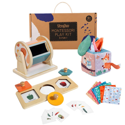 Twefex Montessori Toys for Babies 6-12 Months - 3 in 1 Baby Toys Play Kit - Medium Spinning Drum - Baby Tissue Box Toy - Peekaboo Knob Puzzle with