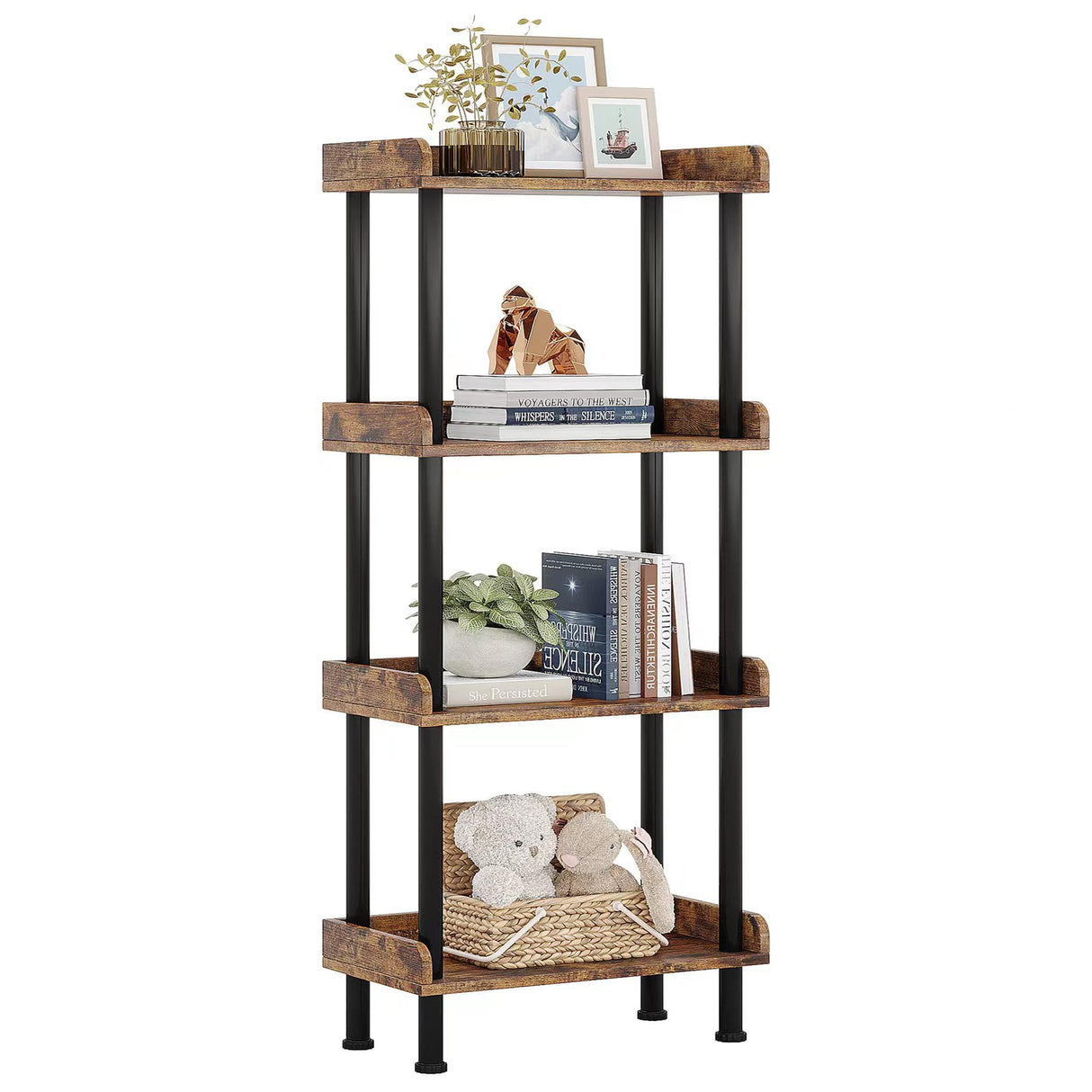 Vintage 4-Tier Hosfais Small Bookcase for Space-Saving Storage in Rustic Brown Hosfais