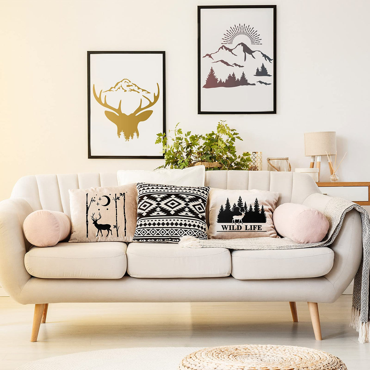 9 Pieces Forest Deer Mountain Stencils Moon Bamboo Pattern Stencils Animal Flower Reusable Templates Forest Theme DIY Stencils with Metal Open Ring Tenare