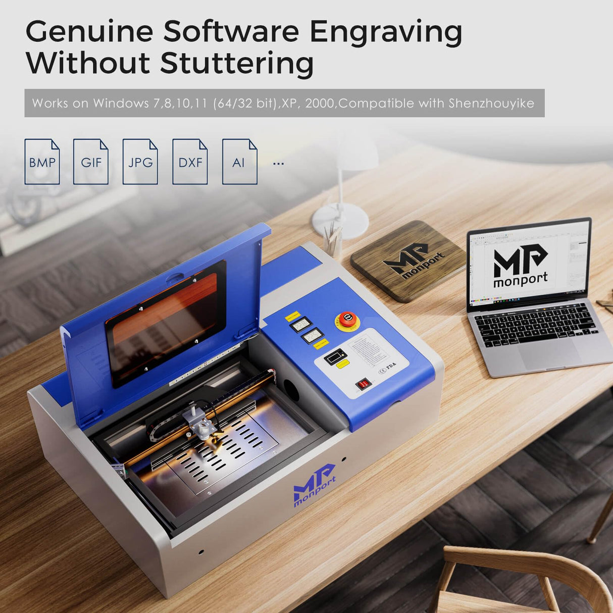 Monport 40W 2.0 Laser Engraver (8" X 12") CO2 Laser Engraver Lightburn Compatible with 3L CW-3000 Water Chiller for 40W CO2 Laser with Air Monport