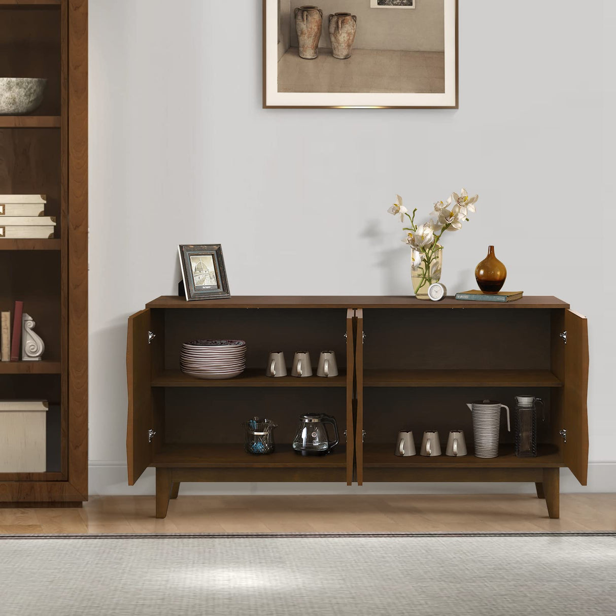 HULALA HOME Modern Sideboard Buffet Cabinet with Solid Wood Legs, 60" Kitchen Storage Cabinet Credenza with 4 Doors and 2 Interior Shelves, Accent HULALA HOME