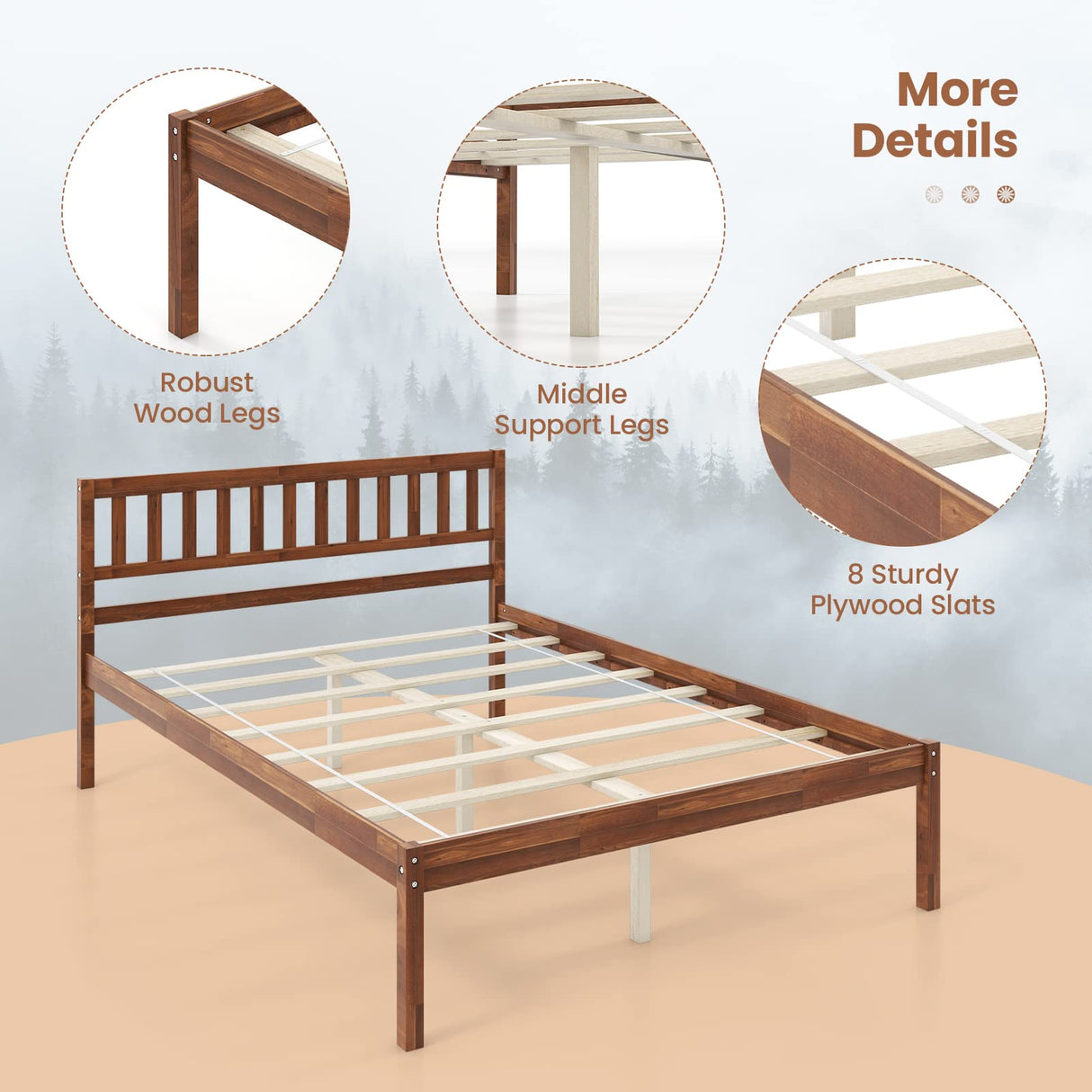 Giantex Wood Full Bed Frame with Headboard, Mid Century Platform Bed with Wood Slat Support, Solid Wood Foundation, 12 Inch Height for Under Bed Giantex