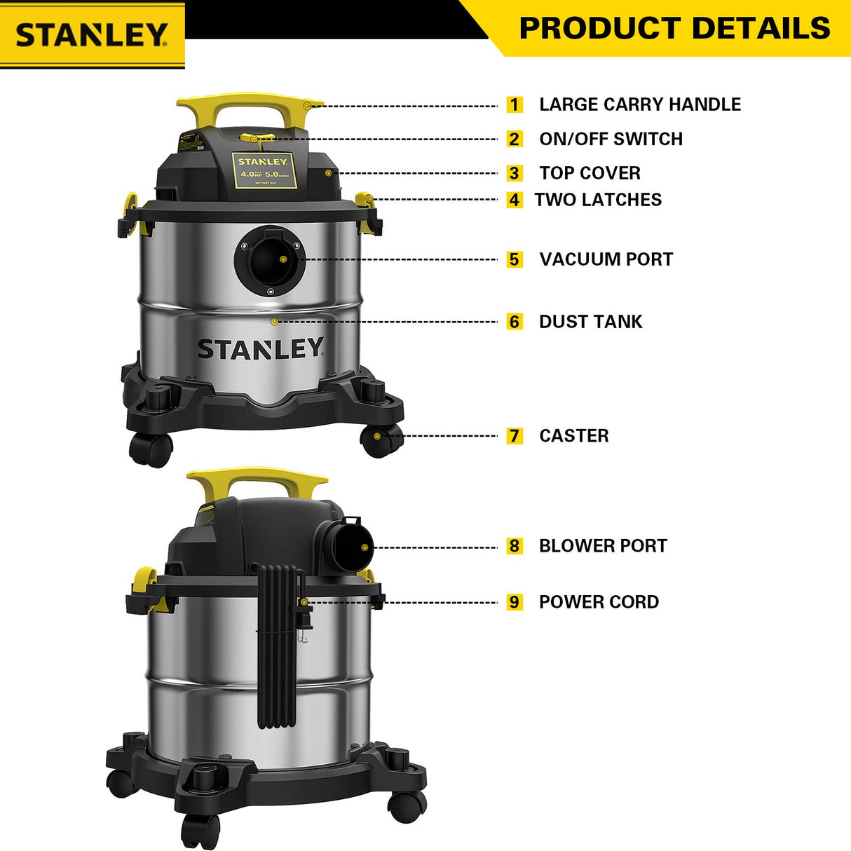 STANLEY SL18115 Wet/Dry Vacuum, 4 Horsepower, Stainless Steel Tank, 5 Gallon, 4.0 HP, 50" Sealed Pressure, Silver+Yellow STANLEY