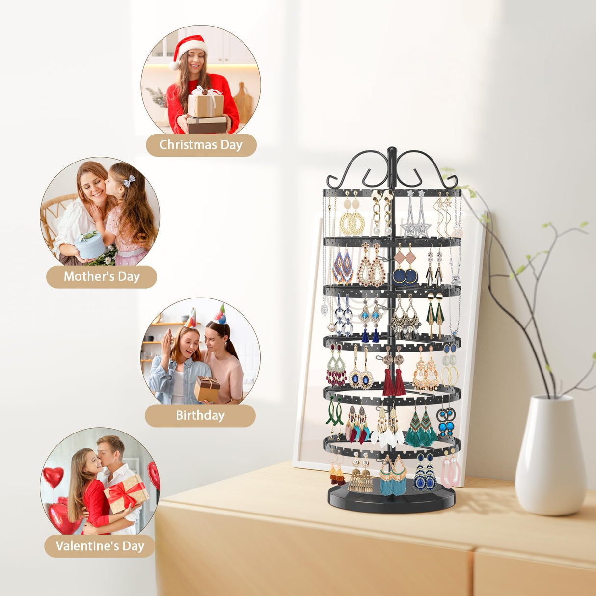 LASZOLA 6 Tier Rotating Earring Holder Organizer, Adjustable Metal Jewelry Display Stand for Women Girls, 480 Holes and Grooves Large Stud Earring LASZOLA