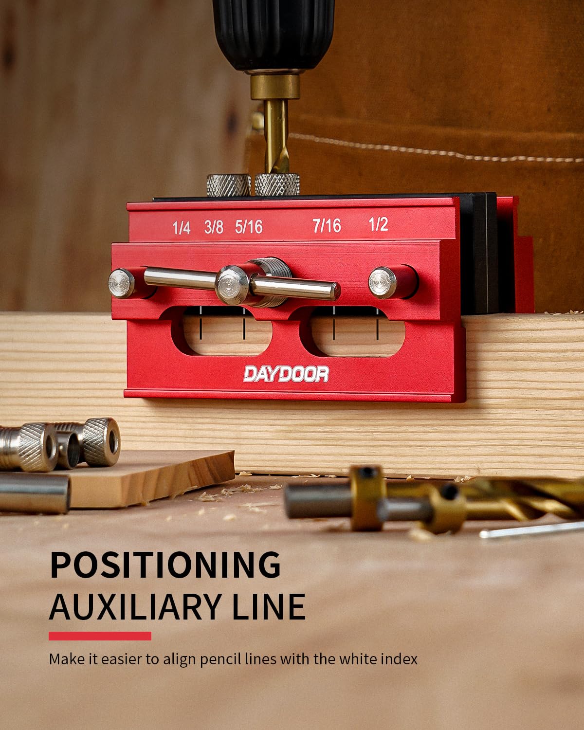 DAYDOOR Self Centering Doweling Jig, Adjustable Width Dowel Jig for Straight Holes, Biscuit Joiner Set with 6 Bushings and 3 Drill Bits(Red) DAYDOOR