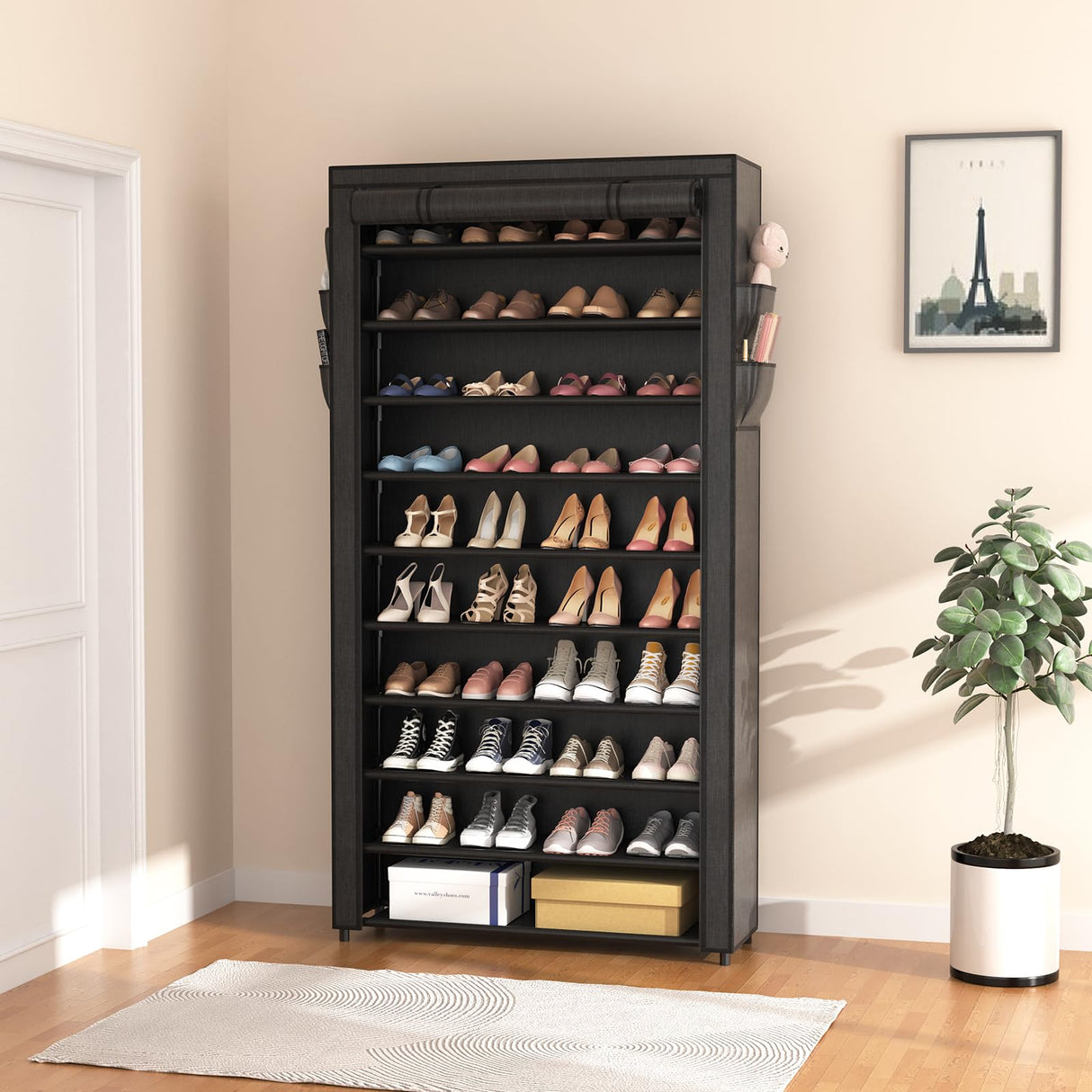 ROJASOP 10 Tier Shoe Rack with Covers,Large Capacity Stackable Tall Shoe Shelf Storage to 50-55 Pairs Shoes and Boots Sturdy Metal Free Standing ROJASOP