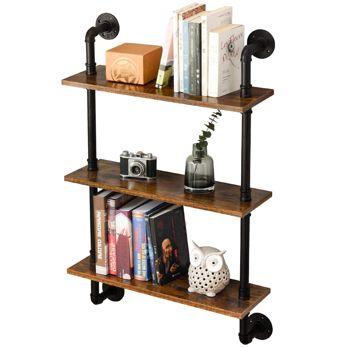 IBUYKE Pipe Floating Shelves,37.5" Industrial Pipe Shelves,3-Tier Rustic Wall Mount Bookcase,Metal Bracket Storage Wall Shelf for Bedroom, Kitchen, IBUYKE