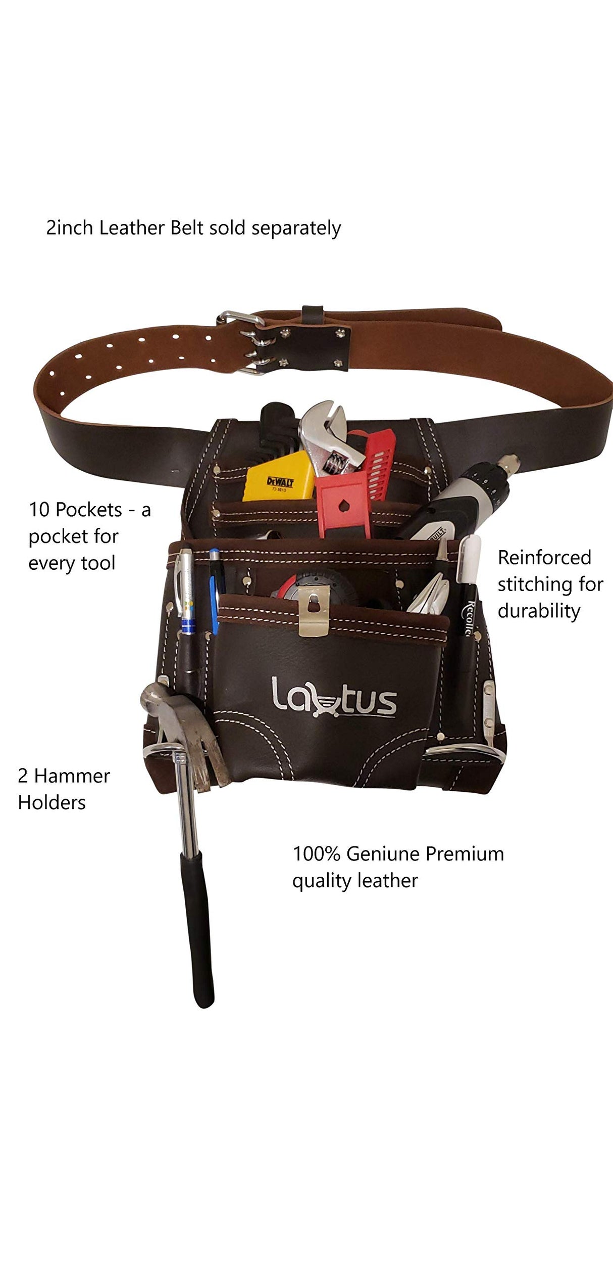 LAUTUS Oil Tanned Leather Tool Pouch Bag | Carpenter, Construction, Framers, Handyman | 10 Pockets, 2 Hammer Holders | 100% Leather Dark Brown LAUTUS