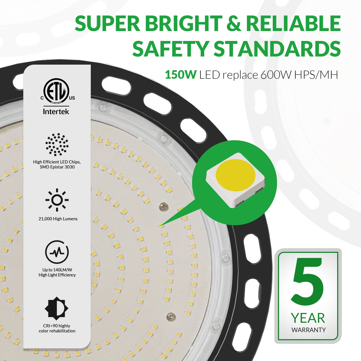 Flakeeper LED High Bay Light 150W, 21000 LM with US Plug 5ft Cable, 5000K Daylight, IP65 Waterproof, UFO Commercial Industrial Warehouse Workshop Flakeeper