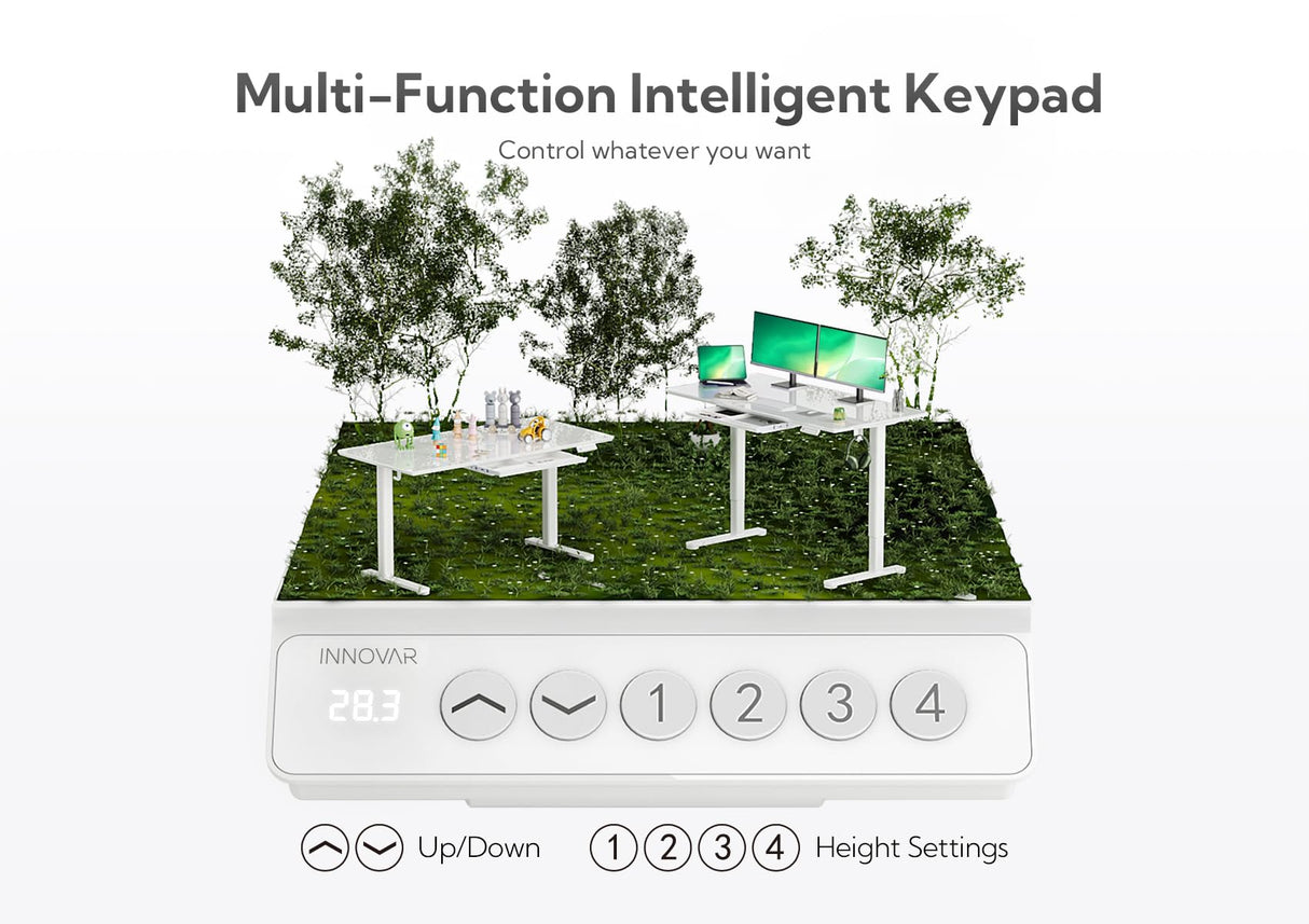 INNOVAR Glass Standing Desk with Drawers, 48×24 Inch Adjustable Stand Up Desk Quick Install Home Office Computer Desk, White INNOVAR