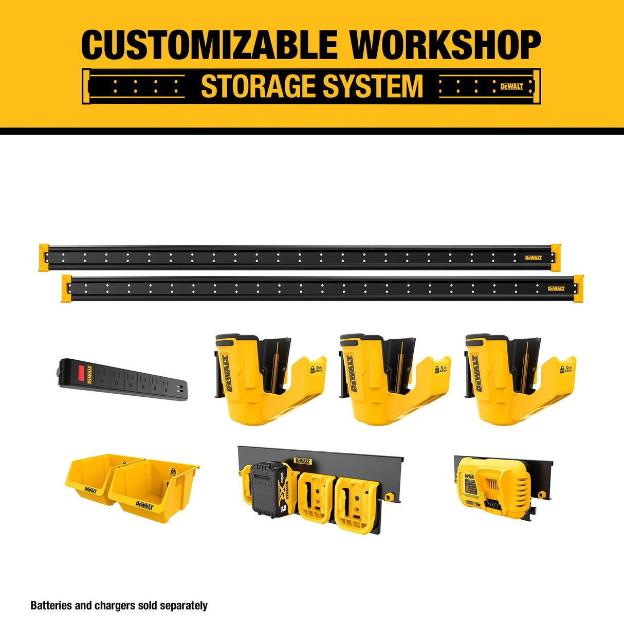 DEWALT Tool Organizer for Power Tools, 10 Pieces, Includes Metal Rails, Tool Holsters, Magnetic Power Strip and Battery Organizer, DEWALT Workshop DEWALT