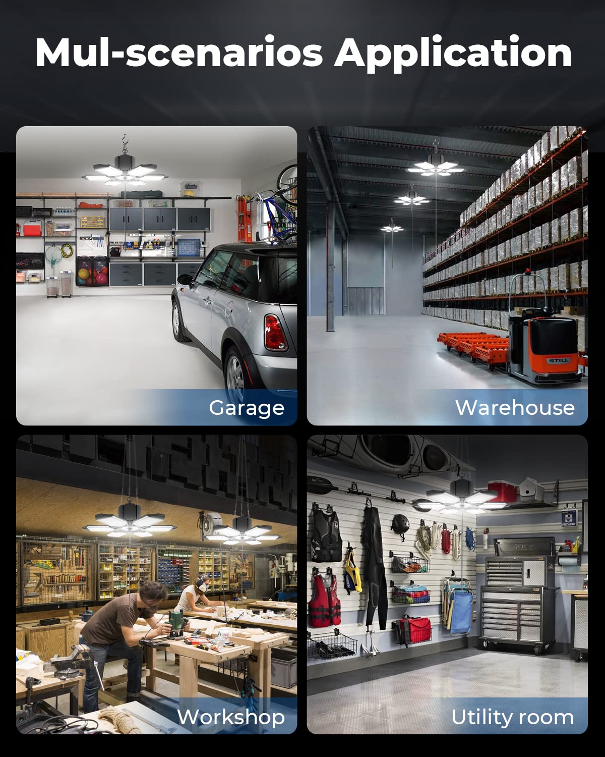 toberich 2-Pack Plug in Garage Light, 200W 20000LM Linkable LED Shop Light w/Pull Chain(ON/Off), 6+1 Deformable Panels, 6500K LED Ceiling Lights for toberich