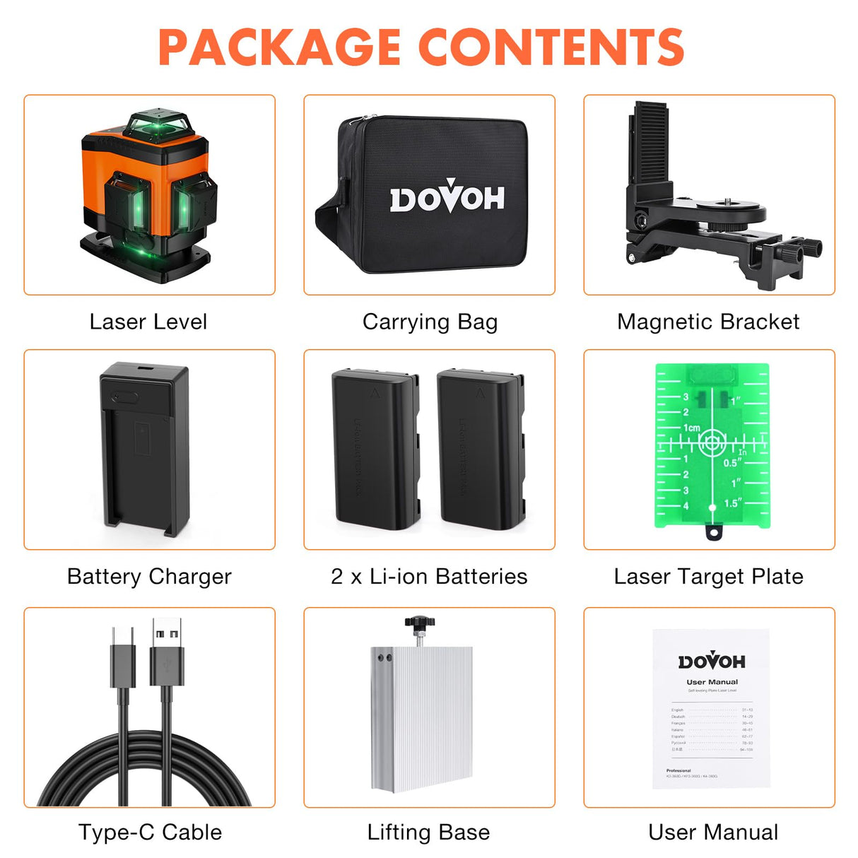 DOVOH 4x360° Laser Level 360 Self Leveling, 16 Line Laser Leveler for Construction Floor Tiling and Ceiling Rechargeable Green Beam 4D Plane Magnetic DOVOH