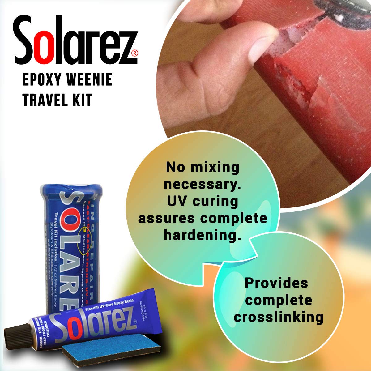 SOLAREZ UV Cure Epoxy Ding Repair Weenie Travel Kit (0.5 oz Tube) - SUP/Surfboard Repair - Fast Solar Cure Clear Resin w 60/240 Grit Sand Block w SOLAREZ