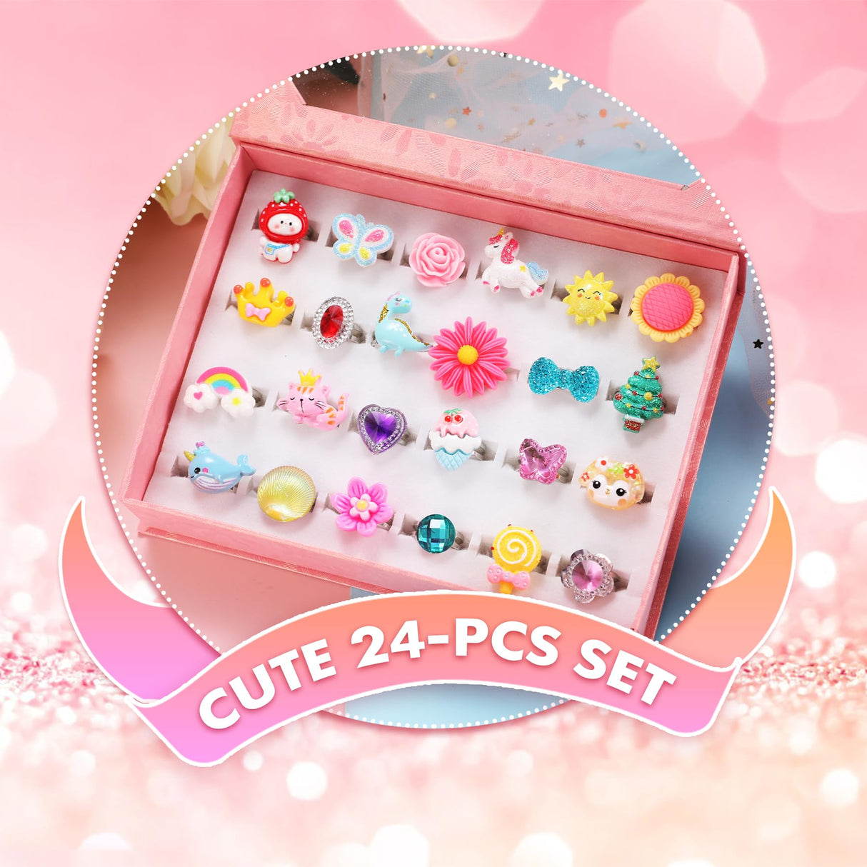 PinkSheep Little Girl Jewel Rings in Box, Adjustable, No Duplication, Girl Pretend Play and Dress Up Rings (24 Lovely Ring) PinkSheep