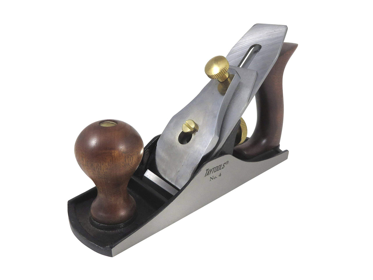 Taytools 469614 Smoothing Bench Hand Plane #4, 9-3/4 Inch Sole, Ductile Cast Body, Lapped Sides and Bottom, Blade RHC 55-60, Sapele Handle and Tote - WoodArtSupply