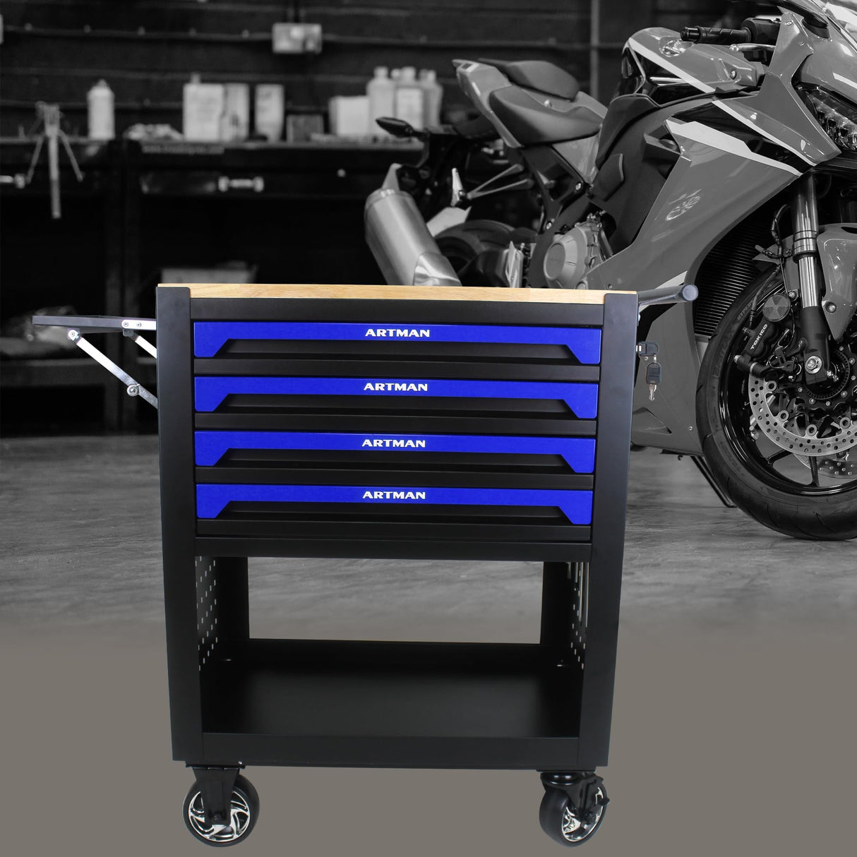 Campfun Rolling Tool Cart 4 Drawers Tool Box with Wheels, Wooden Top Tool Boxes, Mechanic Tool Cart, Tool Workbench with Drawers, Tool Storage Campfun