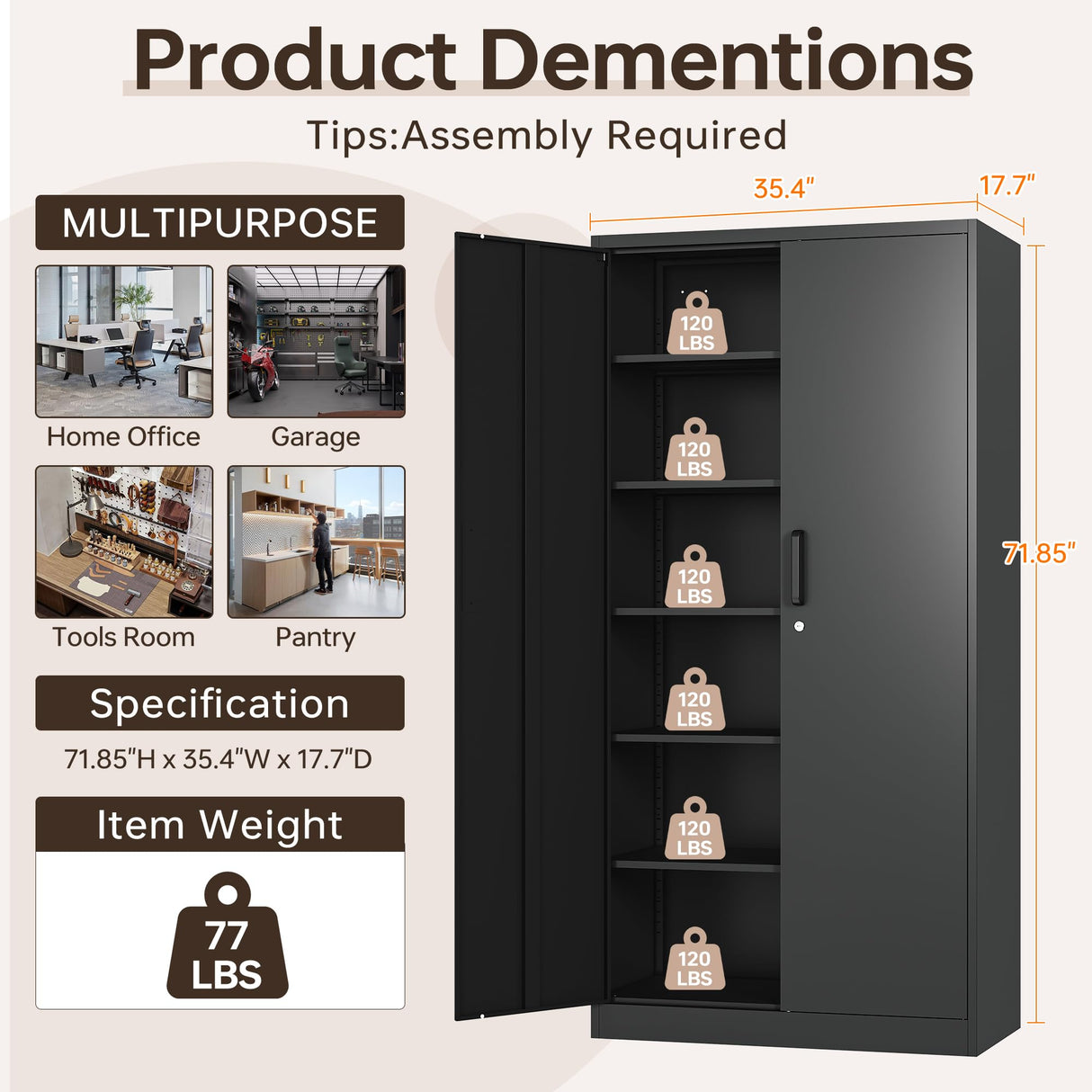 AFAIF Metal Garage Cabinets, 72" Tall Locking Storage Cabinets with 2 Doors and 5 Adjustable Shelves, Steel Utility Tool Cabinet, Black Lockable AFAIF