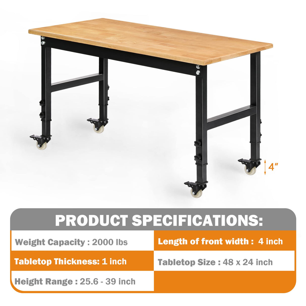 Betterhood 48" Heavy-Duty Adjustable Workbench for Garage, Rubber Wood Shop Table W/Metal Wheels, Hardwood Workstation Weight Capacity Over 2000 Lbs Betterhood