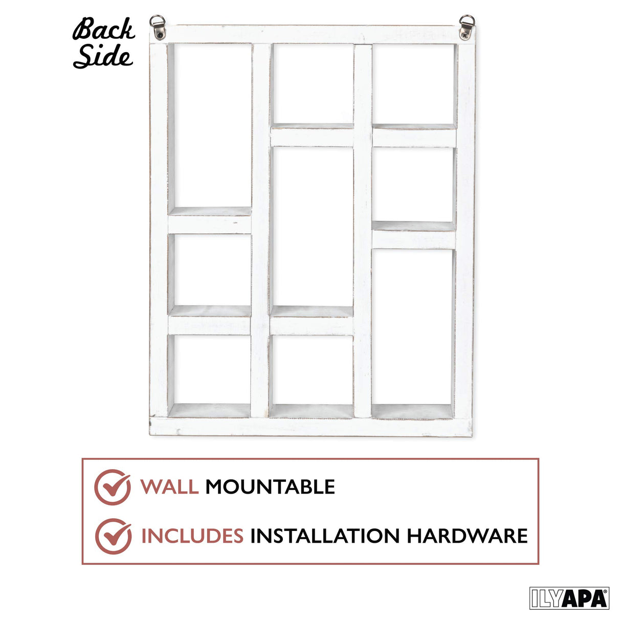 Ilyapa Rustic Wood Knick Knack Floating Shelf Weathered White - Wall Mounted or Freestanding Farmhouse Decor Display Case for Essential Oils, Ilyapa