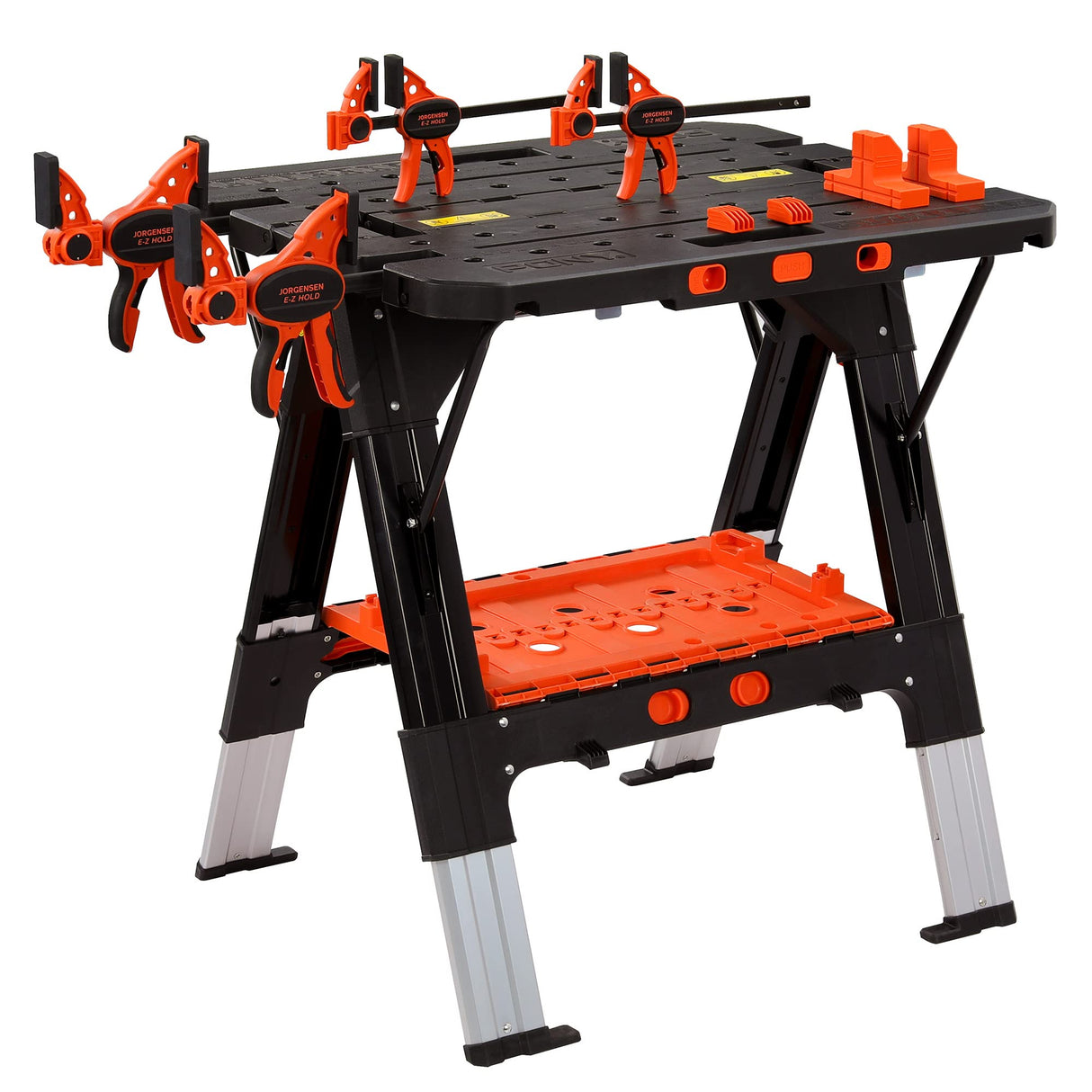 Pony Portable Folding Work Table, 2-in-1 as Sawhorse & Workbench, Load Capacity 1000 lbs-Sawhorse & 500 lbs-Workbench, 31” W×25” D×25”-32”H, with Jorgensen
