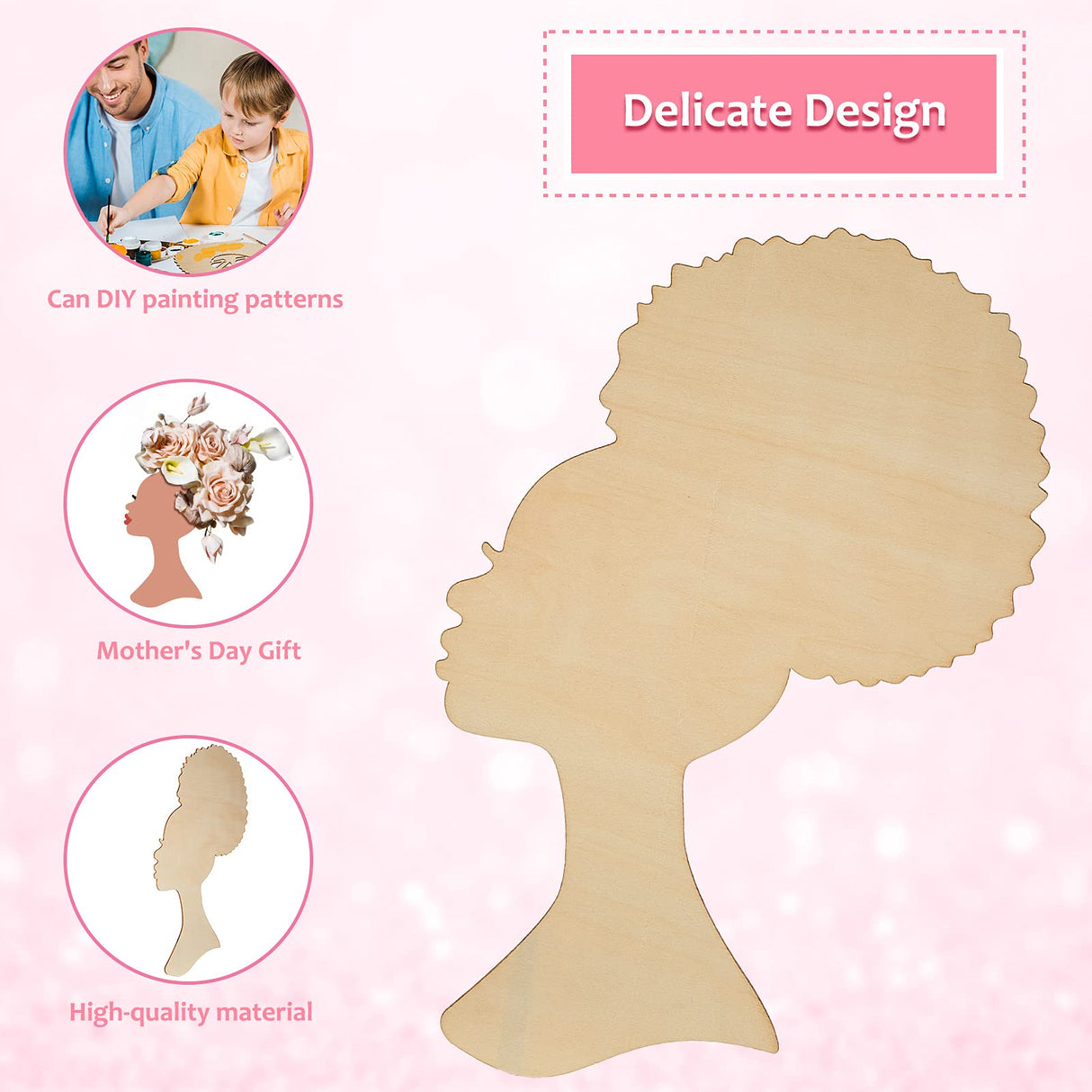 2 Pieces African Girl Wooden Cutouts DIY Wooden Template Silhouette Mother and Child Wreath DIY Template Head Wooden Silhouette for DIY Mother's Day Jetec