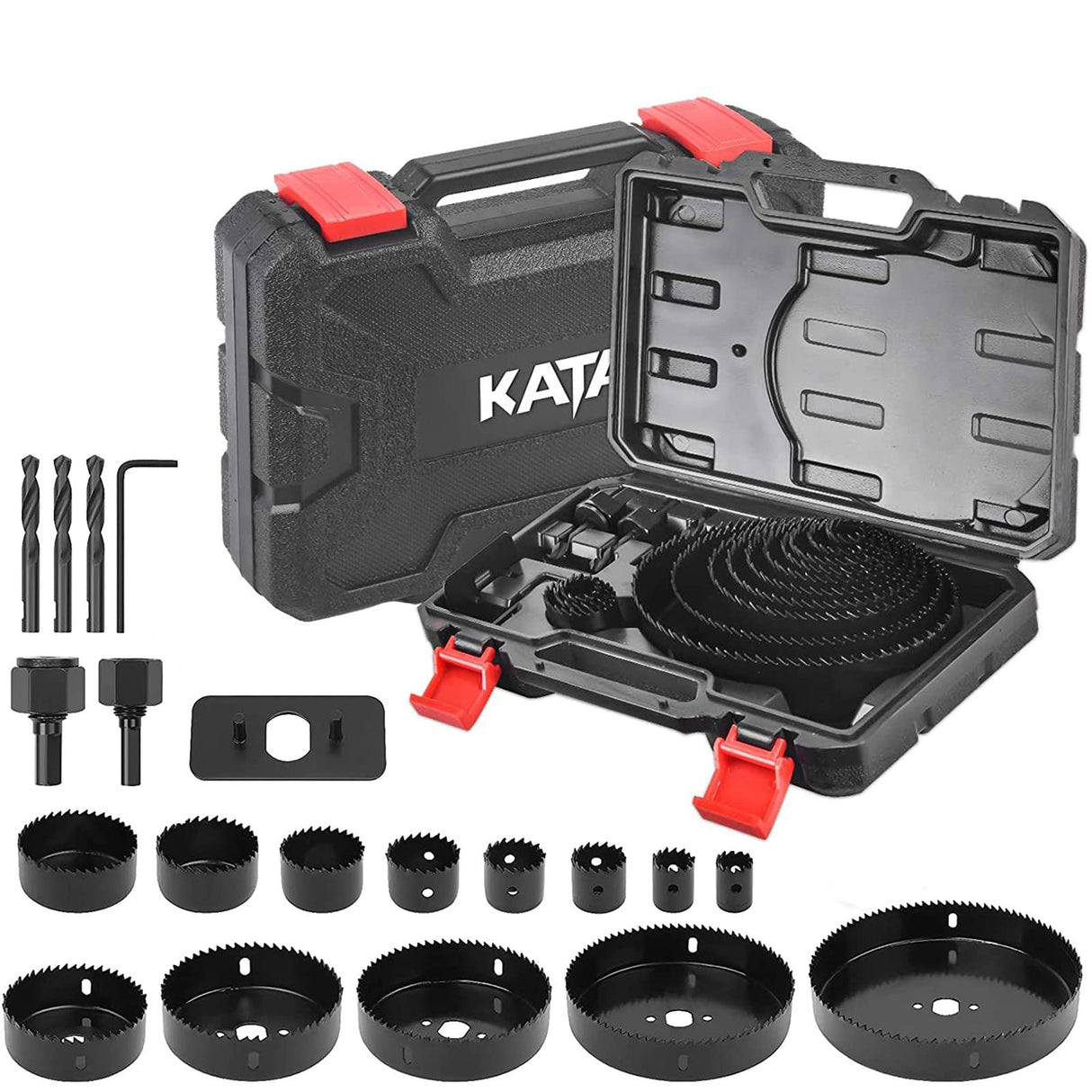 KATA Hole Saw Set 20PCS Hole Saw Kit with 3/4"-6"(19-152mm) 13PCS Saw Blades, 2 Mandrels, 3 Drill Bits, 1 Installation Plate, 1 Hex Key, Ideal for KATA