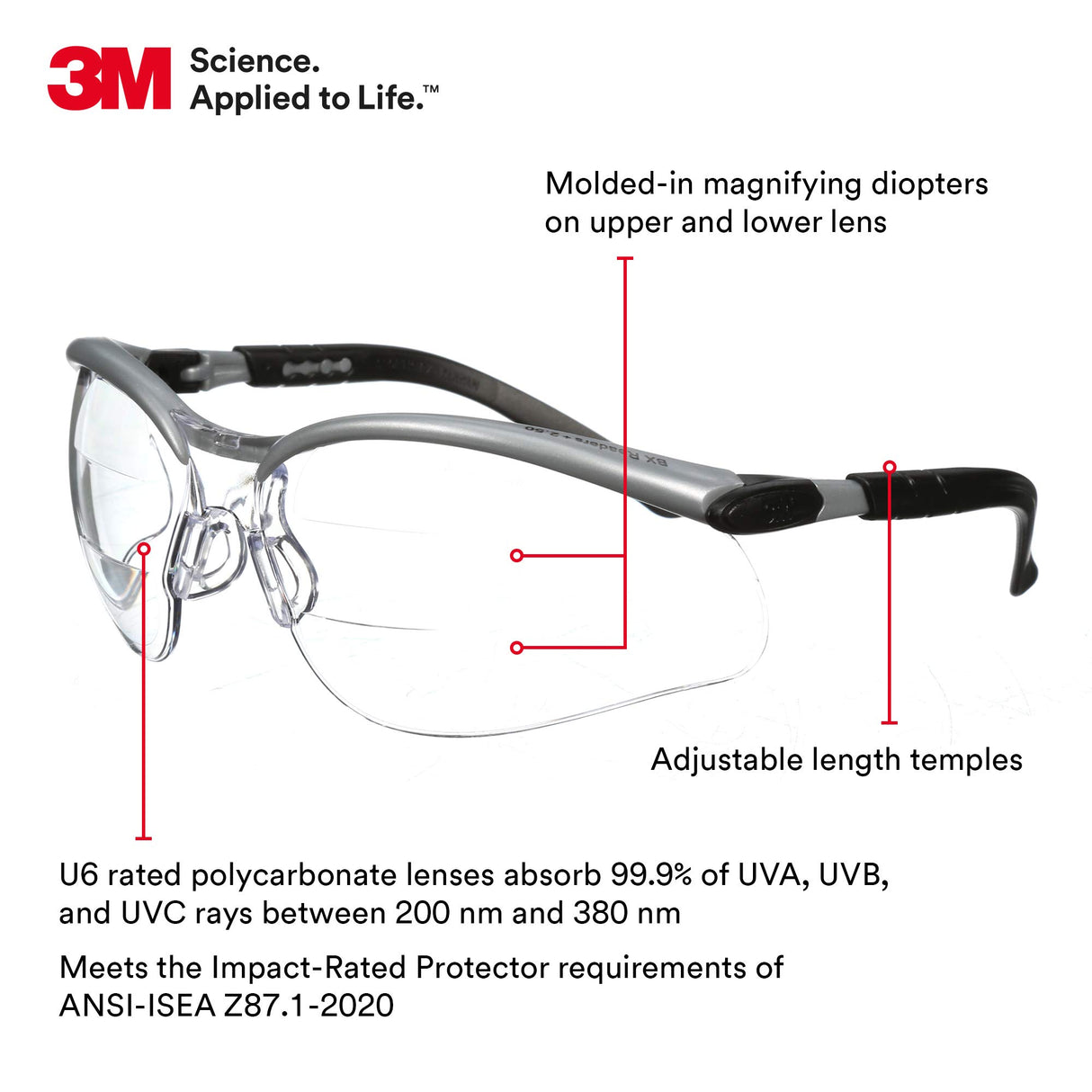 3M Safety Glasses, BX Dual Readers, +2.0, ANSI Z87, Anti-Fog Clear Lens, Silver/Black Frame, Adjustable Length Temples and Lens Angle 3M