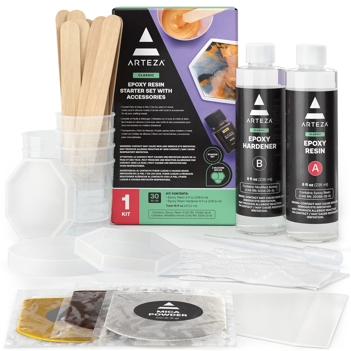 Arteza Epoxy Resin Kit, 30-Piece Set, Engaging Craft Supplies & Materials, Resin Accessories Includes 2 x 8-oz Bottles and Hardener, 3 Silicone ARTEZA
