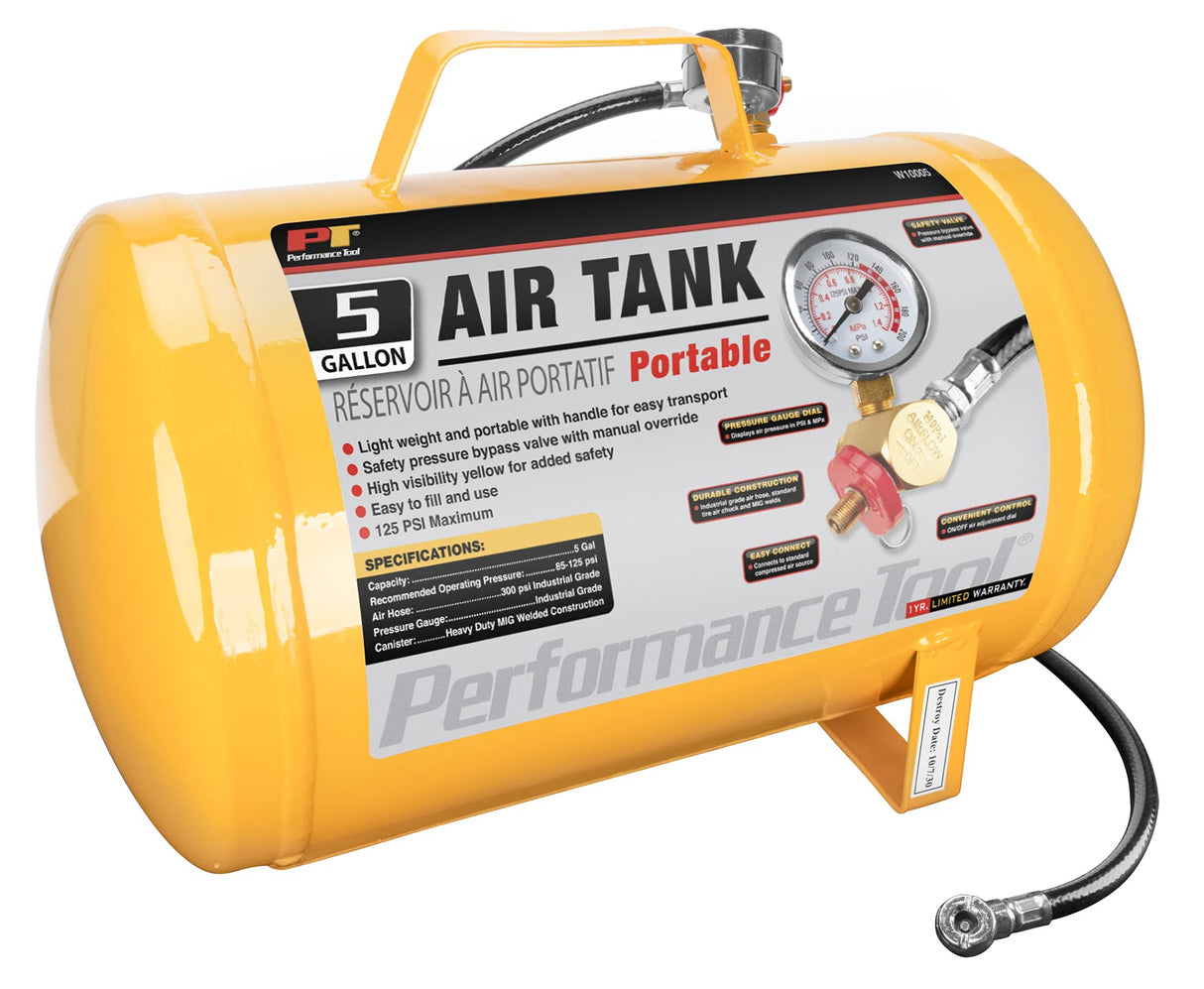 Performance Tool W10005 Hi-viz 5-Gallon Horizontal Portable Air Tank With Tire Air Chuck , Yellow Performance Tool
