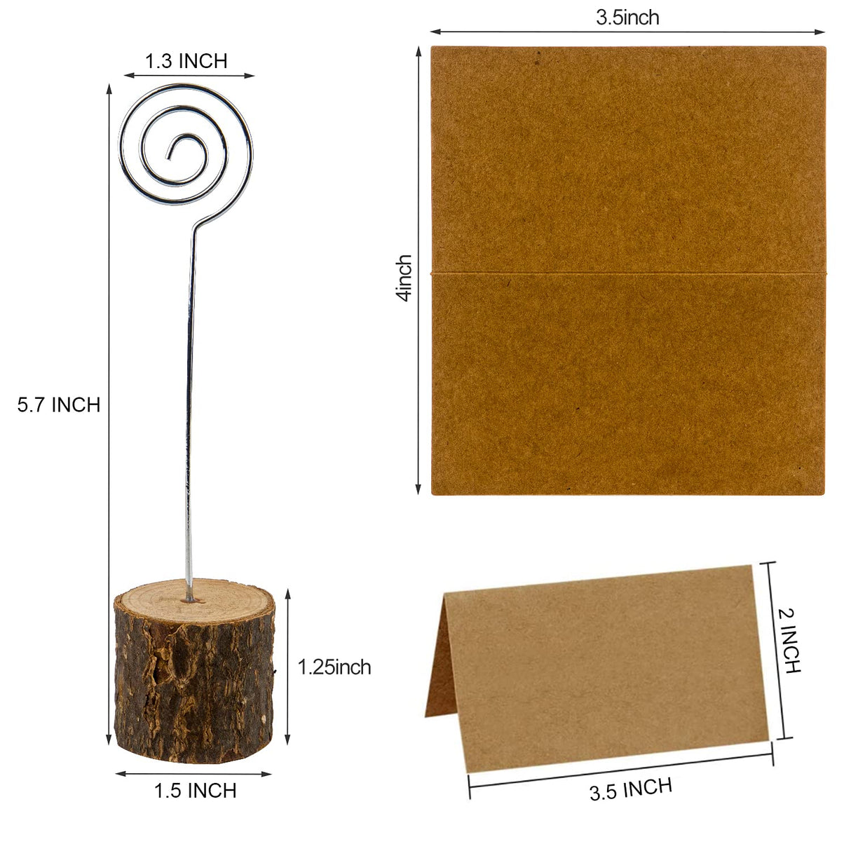 LepoHome 20 Pcs Rustic Wood Place Card Holders with Swirl Wire and 30 Pcs Kraft Place Cards, Wooden Table Number Holder Stand Photo Picture Note Clip LepoHome