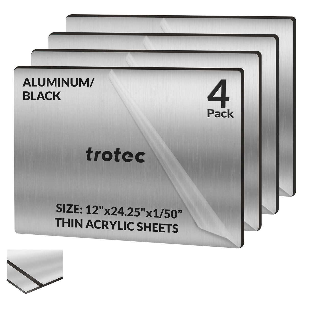 Trotec | Thin Acrylic Sheet | 4 Pcs | Aluminum/Black | Matte, Gloss & Brushed Metal Finish | 24.25”x12”x 1/50” | 2 Ply | Acrylic Panels for Laser TROTEC