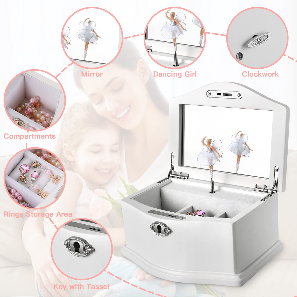 Jozen Gift Wooden Ballerina Medium White Musical Jewelry Box with Mirror for girls,Kid's Jewelry Storage Music Box Jozen Gift