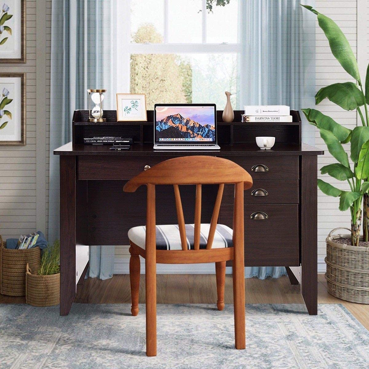 Tangkula Computer Desk with 4 Storage Drawers & Hutch, Home Office Desk Vintage Desk with Storage Shelves, Wooden Executive Desk Writing Study Desk Tangkula
