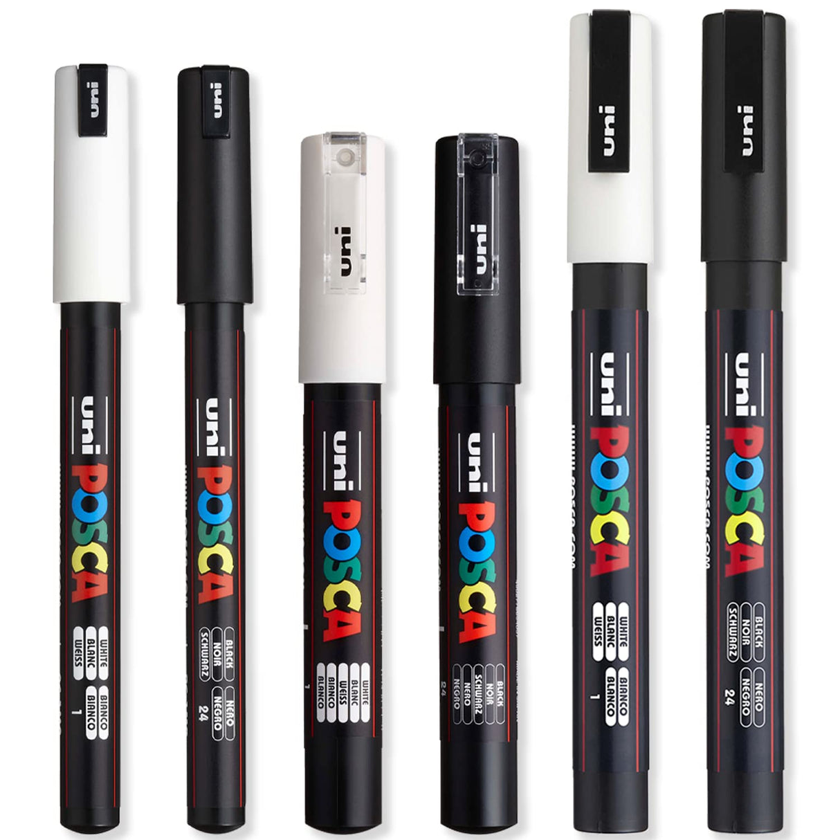 Posca - Ultra Fine to Fine Paint Marker Pens Set - PC-1MR, PC-1M, PC-3M - White & Black Ink - Pack of 6 posca