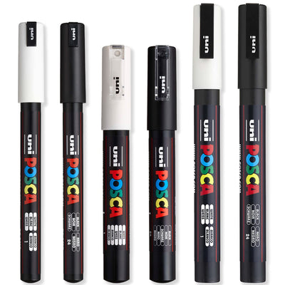 Posca - Ultra Fine to Fine Paint Marker Pens Set - PC-1MR, PC-1M, PC-3M - White & Black Ink - Pack of 6
