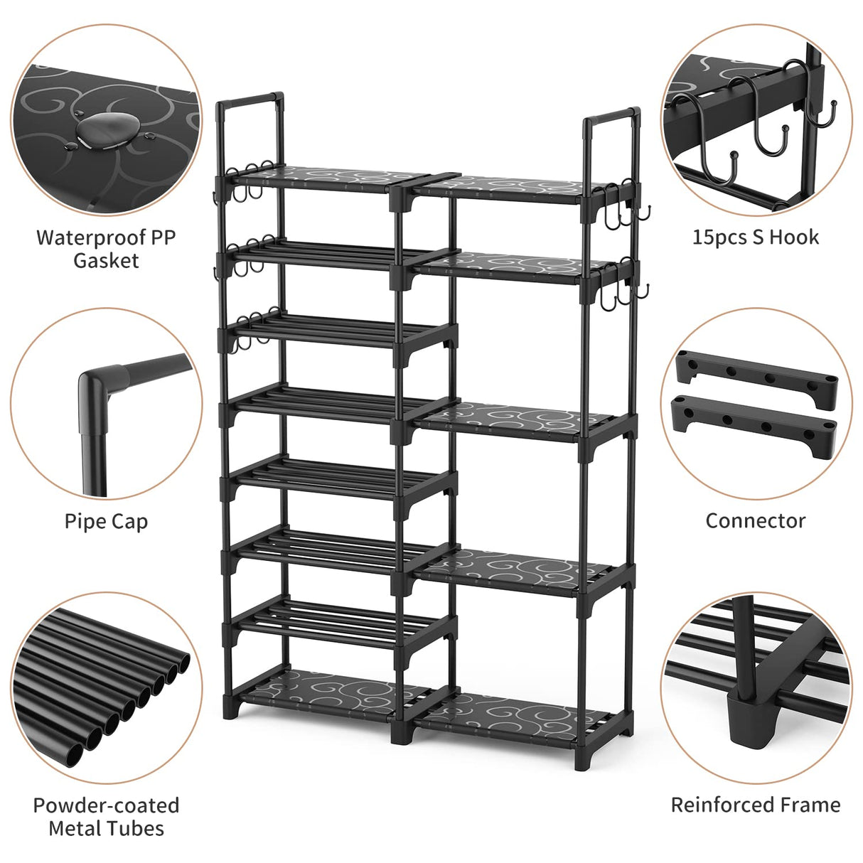 ROJASOP Shoe Rack Organizer, 8-Tier Metal Shoe Rack for Closet Entryway Garage, 26-32 Pairs Tall Shoe Boot Storage Shelf with 15 Hooks, Stackable ROJASOP