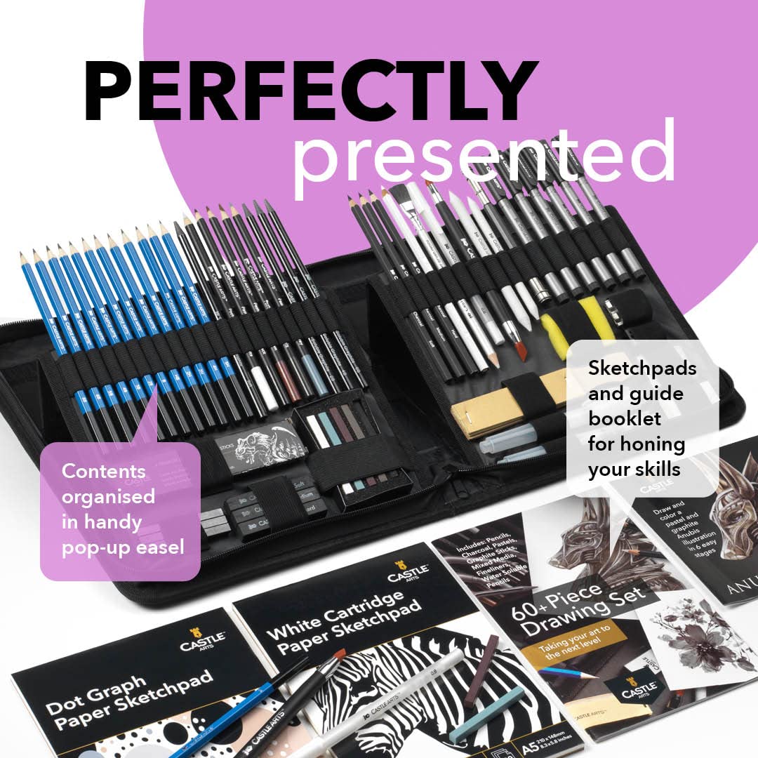 Castle Art Supplies 60 Piece Drawing & Sketching Set | Quality Graphite, Charcoal, Pastel, Water Soluble Pencils + Sticks, Fineliners | For Castle Art Supplies