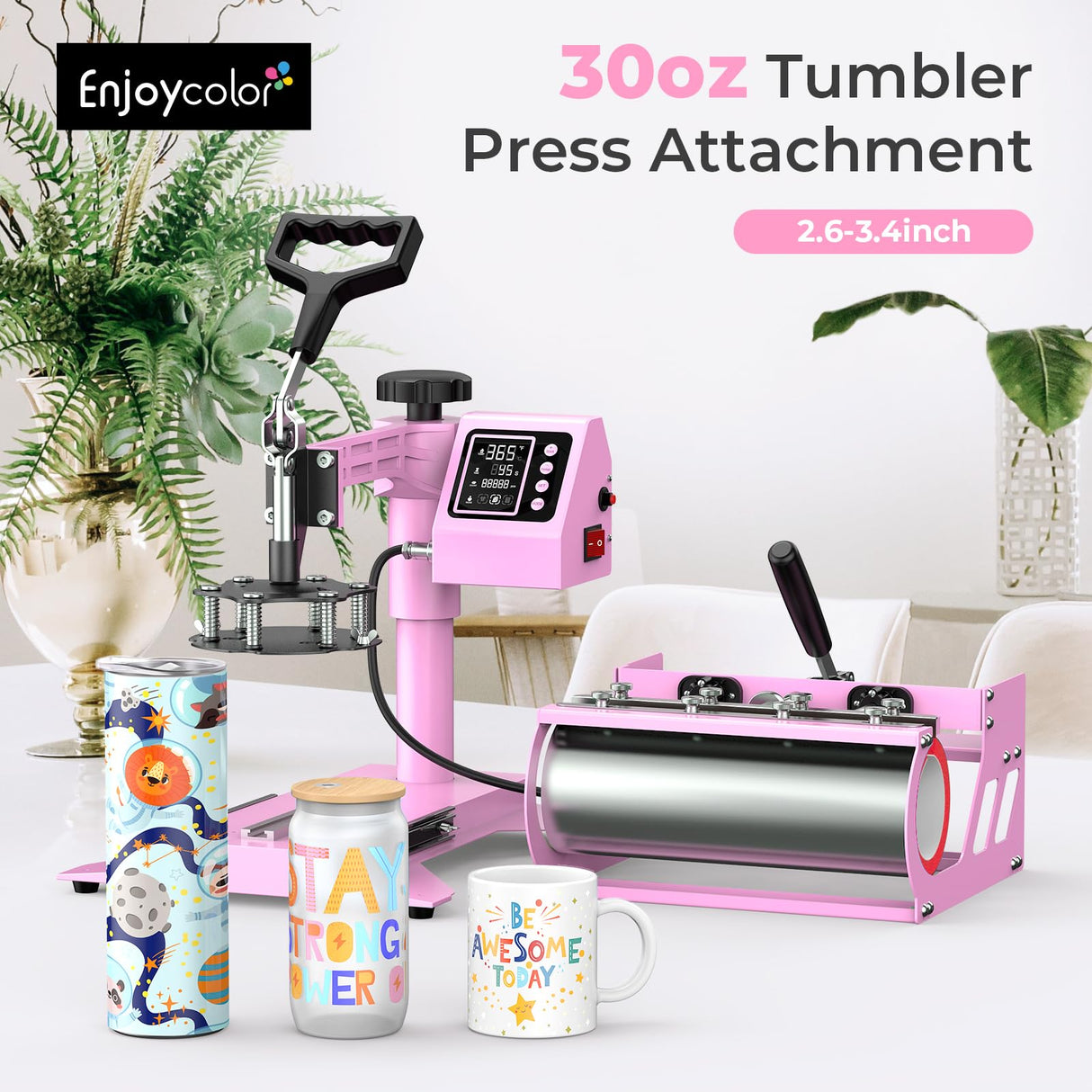 Pro 15x15 Heat Press with 30 OZ Tumbler Attachment, 8in1 Combo Tumbler Heat Press for T-Shirts, Tumblers Glass Cans Mugs Hats, and Plates (Pink) EnjoyColor