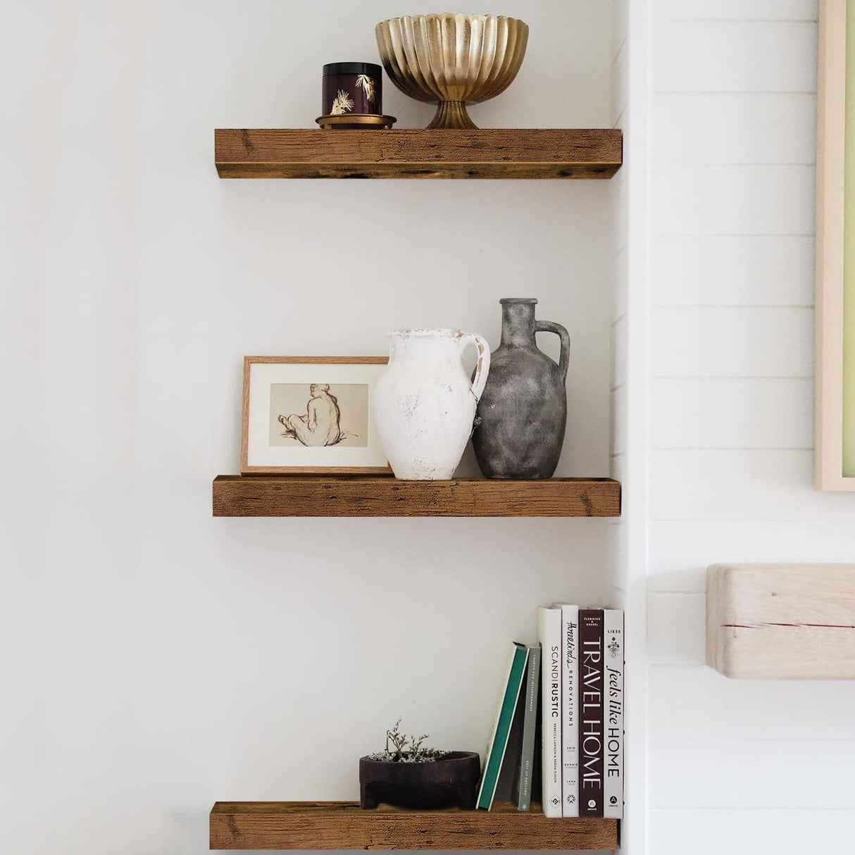 QEEIG Floating Shelves for Wall Bathroom Shelf Bedroom Kitchen Farmhouse Small Book Shelf 16 inch Set of 3, Rustic Brown (015-BN3) QEEIG