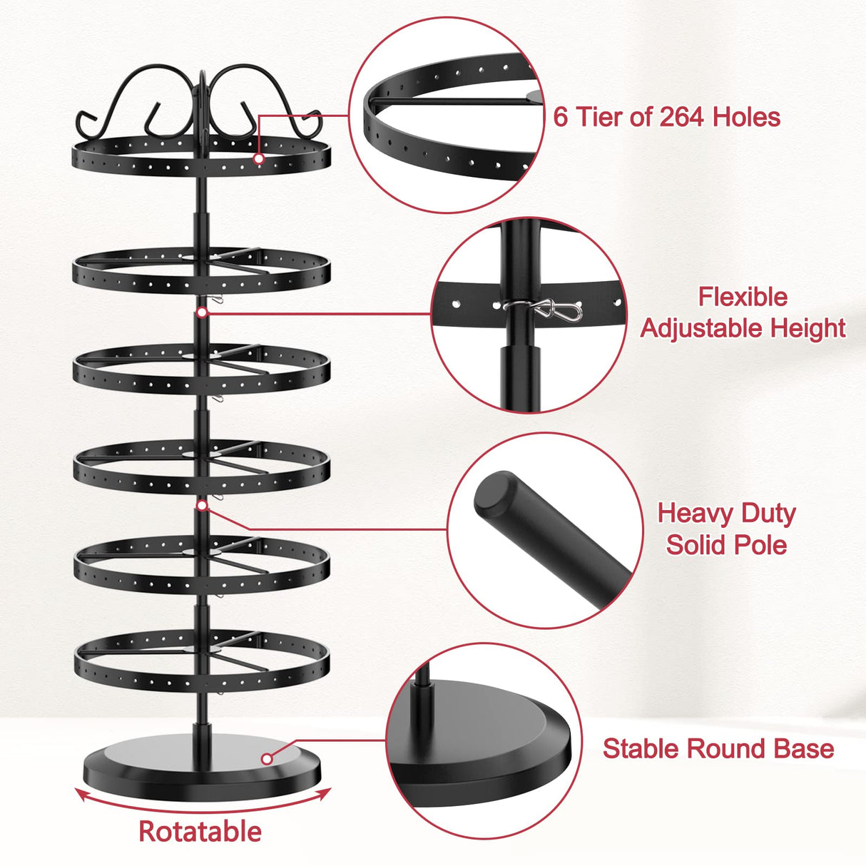 iDavosic.ly 6 Tier Metal Rotating Earring Holder Organizer, 264 Holes Earring Storage Display Tower Rack, Adjustable Earring Tree Organizer for Women iDavosic.ly