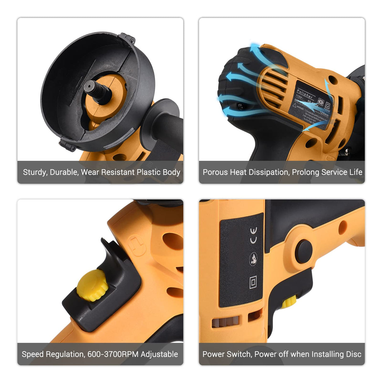 Buffer Polisher, Geevorks Buffer Waxer 5-inch, Variable Speed Car Polisher 600-3700RPM with Detachable Handle/ 6PCS Sponge Pad/ 6PCS Cloth Bonnet Geevorks