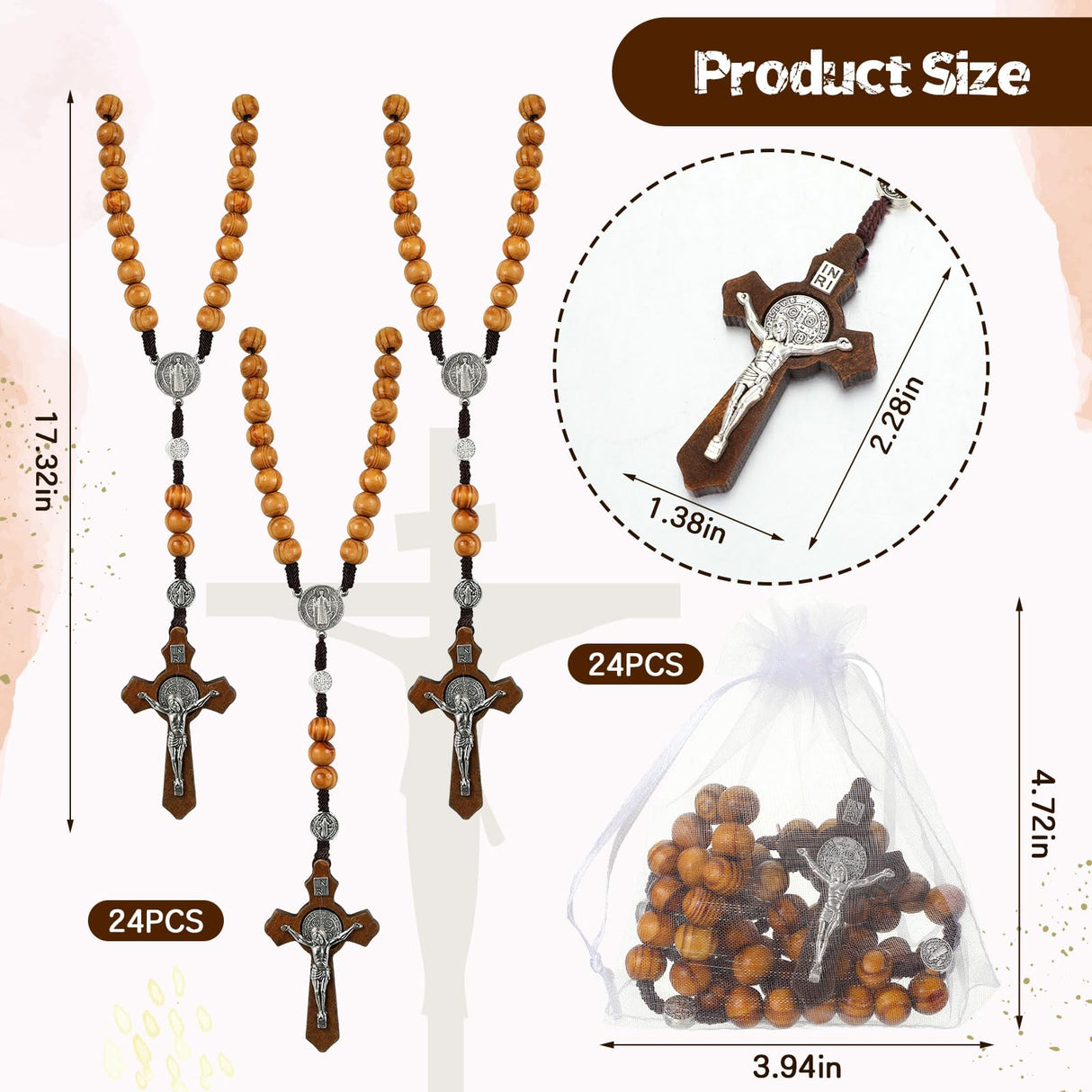 Equsion 24 Set Wooden Bead Rosary Necklace Catholic Rosary Wood Carved Beads with Jesus Cross Our Father Solid Wooden Rosary Beads with Organza Bag Equsion